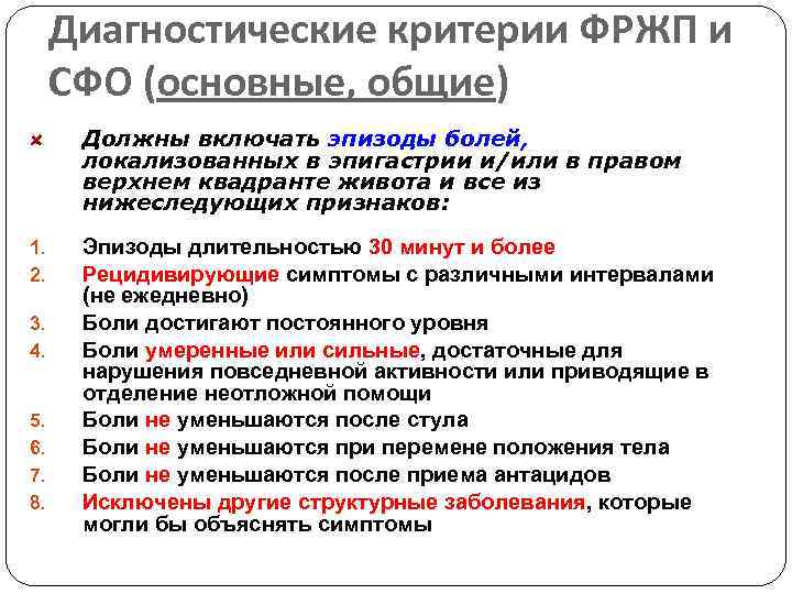 Диагностические критерии ФРЖП и СФО (основные, общие) Должны включать эпизоды болей, локализованных в эпигастрии