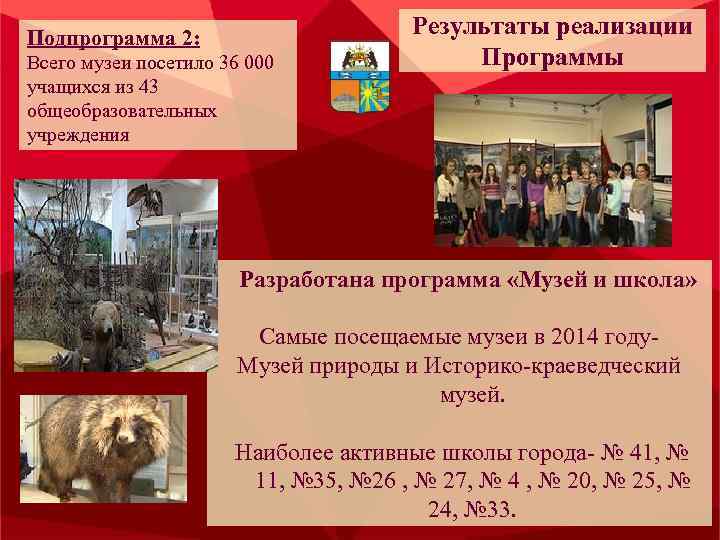 Подпрограмма 2: Всего музеи посетило 36 000 учащихся из 43 общеобразовательных учреждения Результаты реализации