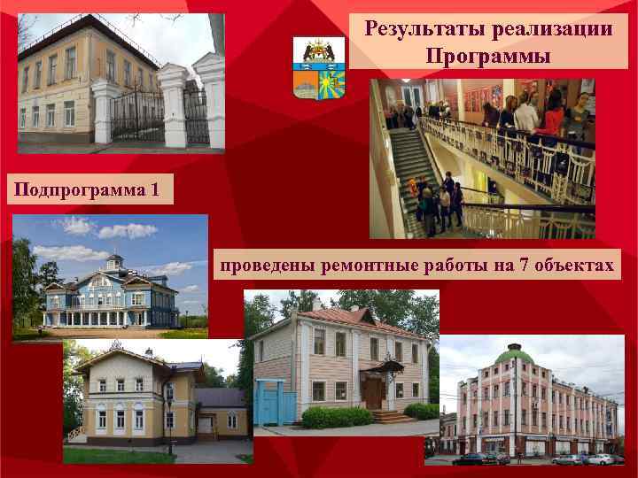 Результаты реализации Программы Подпрограмма 1 проведены ремонтные работы на 7 объектах 