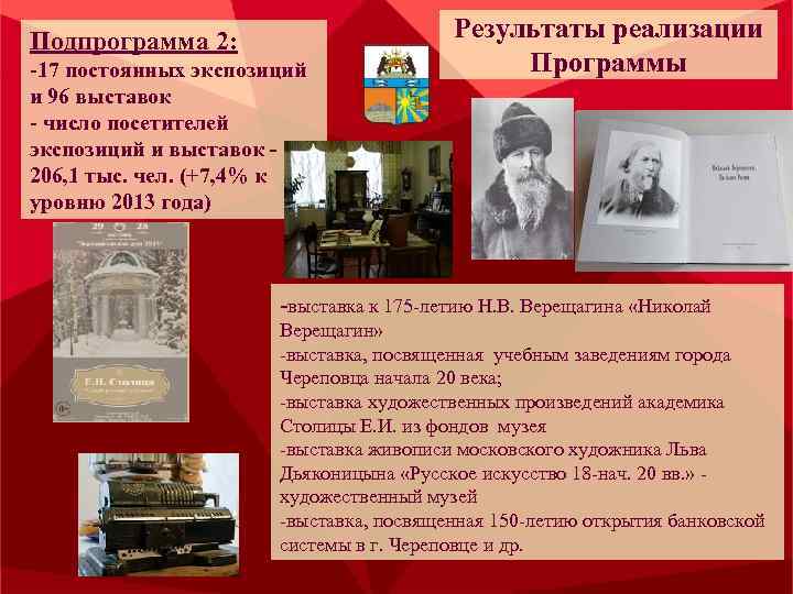 Подпрограмма 2: -17 постоянных экспозиций и 96 выставок - число посетителей экспозиций и выставок