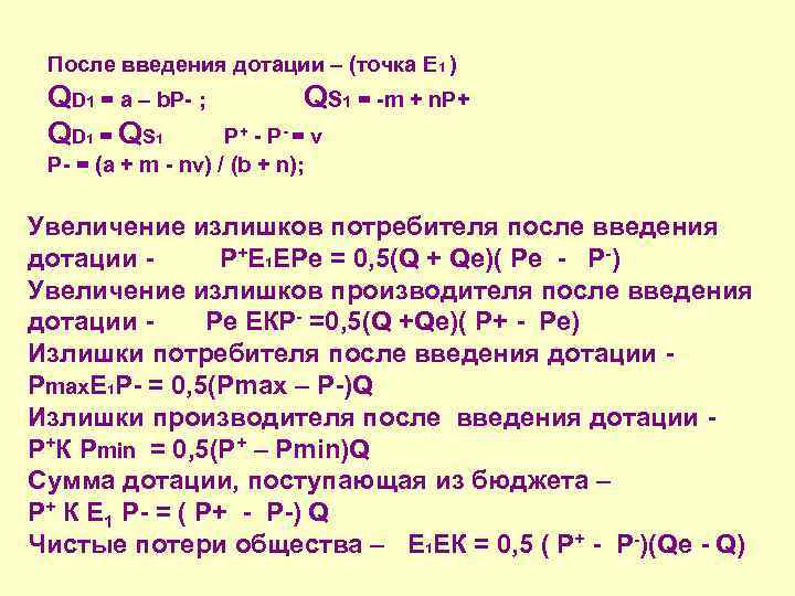 После введения дотации – (точка Е 1 ) QD 1 = a – b.