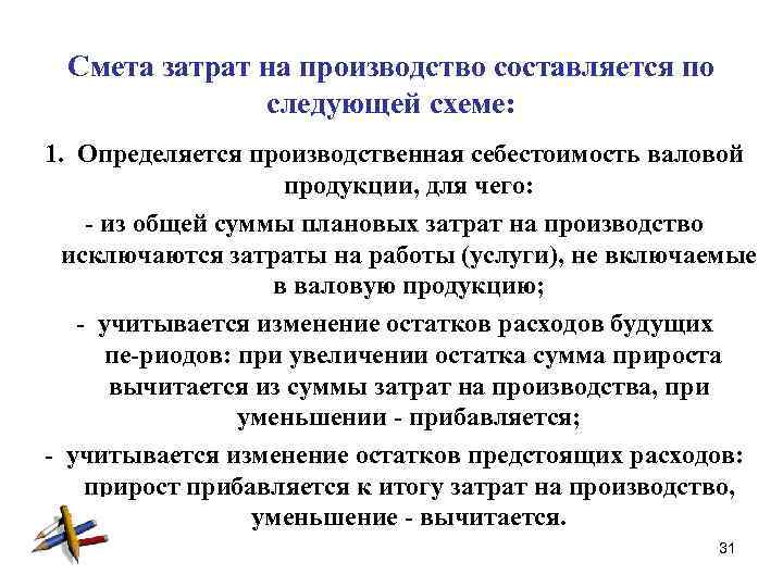 Смета затрат на производство составляется по следующей схеме: 1. Определяется производственная себестоимость валовой продукции,