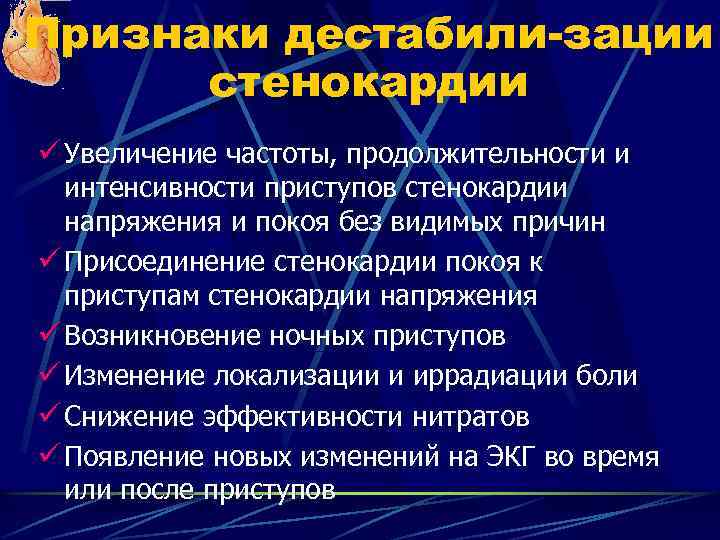 Признаки дестабили-зации стенокардии ü Увеличение частоты, продолжительности и интенсивности приступов стенокардии напряжения и покоя