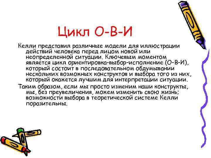 Цикл О-В-И Келли представил различные модели для иллюстрации действий человека перед лицом новой или