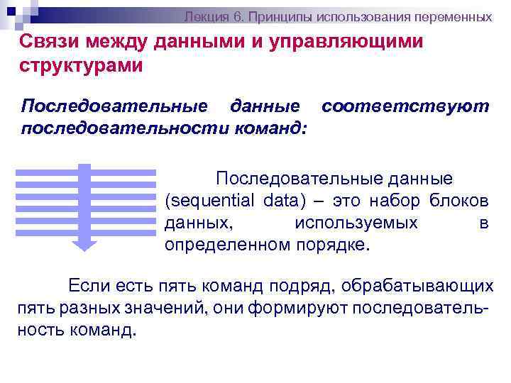 Лекция 6. Принципы использования переменных Связи между данными и управляющими структурами Последовательные данные соответствуют