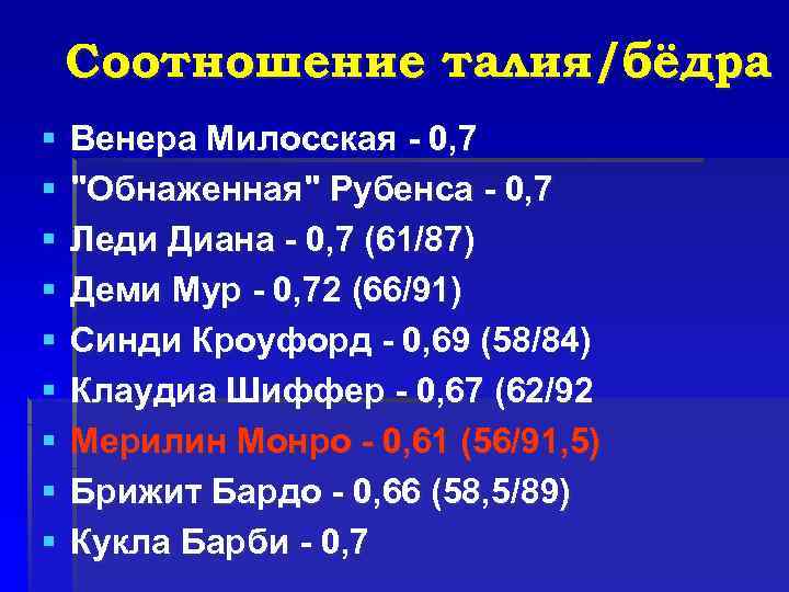 Соотношение талия/бёдра § § § § § Венера Милосская - 0, 7 