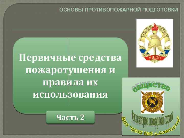 ОСНОВЫ ПРОТИВОПОЖАРНОЙ ПОДГОТОВКИ Первичные средства пожаротушения и правила их использования Часть 2 