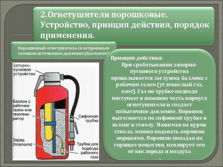 2. Огнетушители порошковые. Устройство, принцип действия, порядок применения. Порошковый огнетушитель со встроенным газовым источником