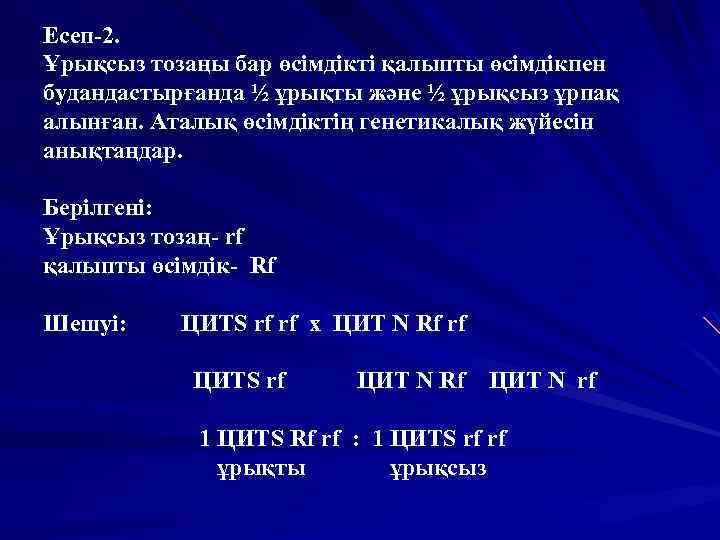 Есеп-2. Ұрықсыз тозаңы бар өсімдікті қалыпты өсімдікпен будандастырғанда ½ ұрықты және ½ ұрықсыз ұрпақ