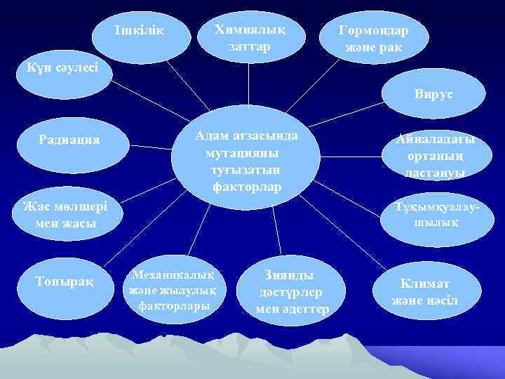 Ішкілік Химиялық заттар Гормондар және рак Күн сәулесі Вирус Радиация Адам ағзасында мутацияны туғызатын