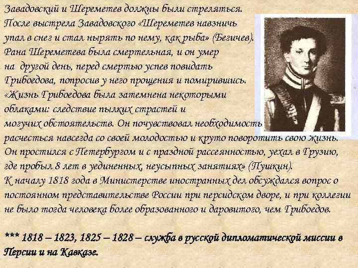 Завадовский и Шереметев должны были стреляться. После выстрела Завадовского «Шереметев навзничь упал в снег