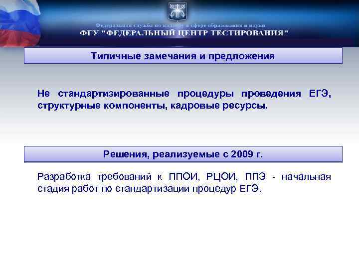 Типичные замечания и предложения Не стандартизированные процедуры проведения ЕГЭ, структурные компоненты, кадровые ресурсы. Решения,