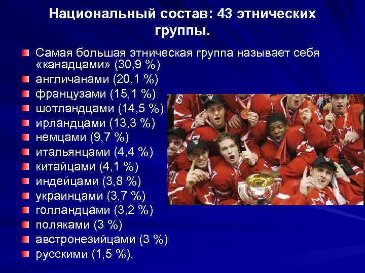 Национальный состав: 43 этнических группы. Самая большая этническая группа называет себя «канадцами» (30, 9