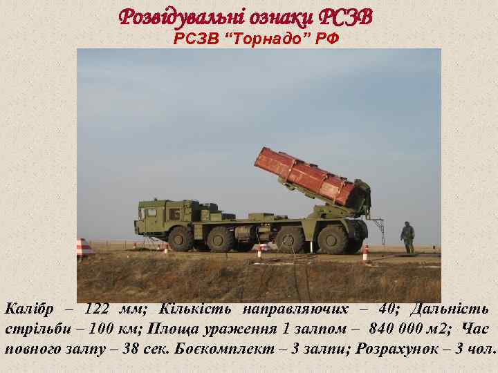 Розвідувальні ознаки РСЗВ “Торнадо” РФ Калібр – 122 мм; Кількість направляючих – 40; Дальність
