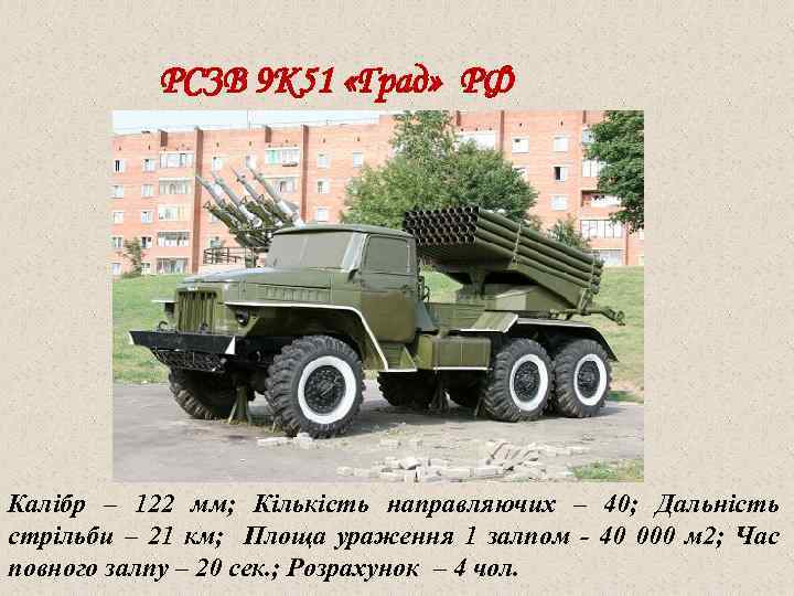 РСЗВ 9 К 51 «Град» РФ Калібр – 122 мм; Кількість направляючих – 40;