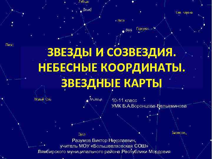 ЗВЕЗДЫ И СОЗВЕЗДИЯ. НЕБЕСНЫЕ КООРДИНАТЫ. ЗВЕЗДНЫЕ КАРТЫ 10 -11 класс УМК Б. А. Воронцова-Вельяминова