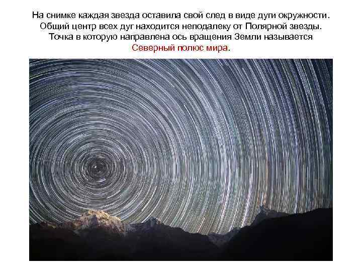 На снимке каждая звезда оставила свой след в виде дуги окружности. Общий центр всех