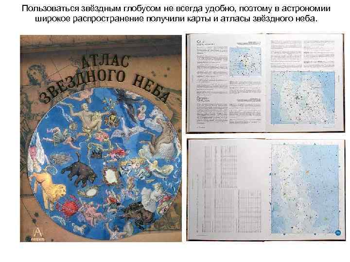 Пользоваться звёздным глобусом не всегда удобно, поэтому в астрономии широкое распространение получили карты и