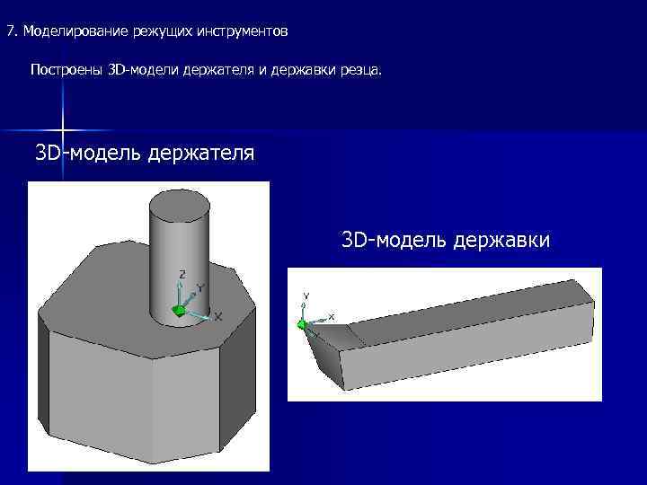 7. Моделирование режущих инструментов Построены 3 D-модели держателя и державки резца. 3 D-модель держателя