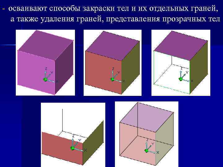 - осваивают способы закраски тел и их отдельных граней, а также удаления граней, представления