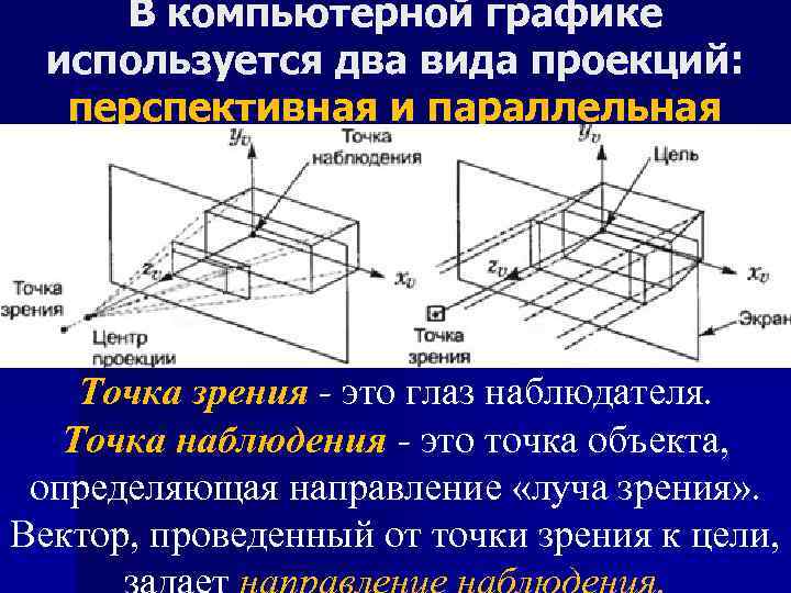 В компьютерной графике используется два вида проекций: перспективная и параллельная Точка зрения - это