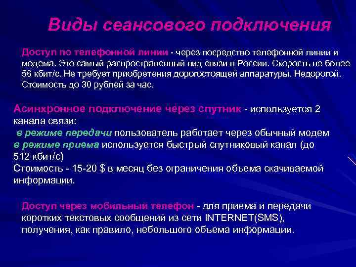 Виды сеансового подключения Доступ по телефонной линии - через посредство телефонной линии и модема.