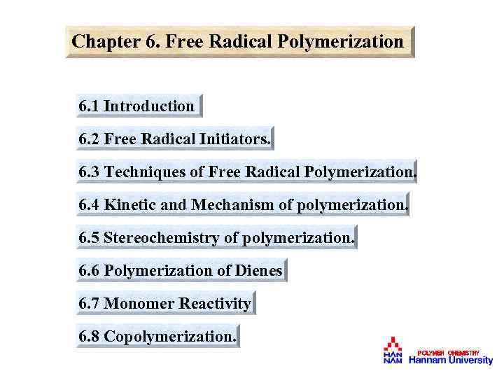 Chapter 6. Free Radical Polymerization 6. 1 Introduction 6. 2 Free Radical Initiators. 6.