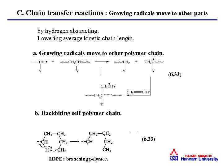 C. Chain transfer reactions : Growing radicals move to other parts by hydrogen abstracting.