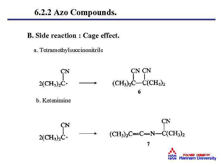 6. 2. 2 Azo Compounds. B. Side reaction : Cage effect. a. Tetramethylsuccinonitrile b.