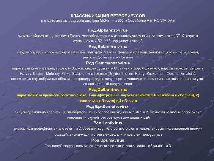 КЛАССИФИКАЦИЯ РЕТРОВИРУСОВ (по материалам седьмого доклада МКНВ — 2000 г. ) Семейство RETRO VIRIDAE