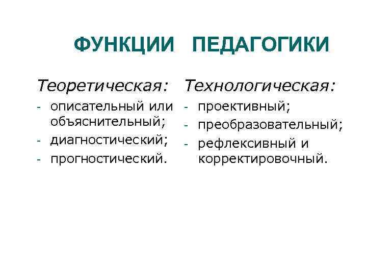 ФУНКЦИИ ПЕДАГОГИКИ Теоретическая: Технологическая: - описательный или объяснительный; диагностический; прогностический. - проективный; преобразовательный; рефлексивный