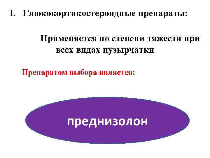 I. Глюкокортикостероидные препараты: ЛЕЧЕНИЕ АКАНТОЛИТИЧЕСКОЙ ПУЗЫРЧАТКИ Применяется по степени тяжести при всех видах пузырчатки