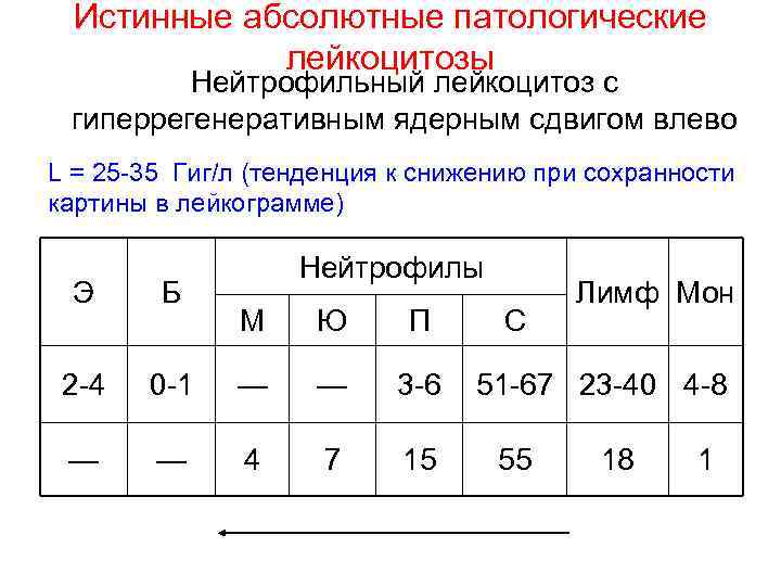 Истинные абсолютные патологические лейкоцитозы Нейтрофильный лейкоцитоз с гиперрегенеративным ядерным сдвигом влево L = 25