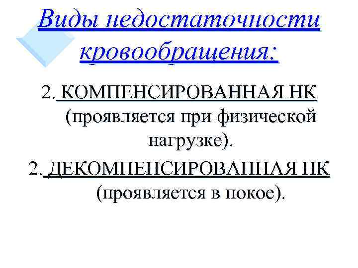 Виды недостаточности кровообращения: 2. КОМПЕНСИРОВАННАЯ НК (проявляется при физической нагрузке). 2. ДЕКОМПЕНСИРОВАННАЯ НК (проявляется