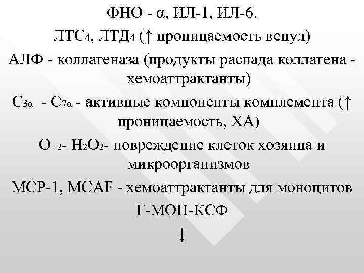 ФНО - α, ИЛ-1, ИЛ-6. ЛТС 4, ЛТД 4 (↑ проницаемость венул) АЛФ -