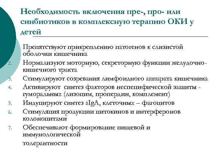 Необходимость включения пре-, про- или синбиотиков в комплексную терапию ОКИ у детей 1. 2.