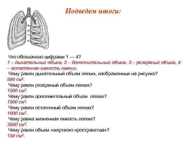 Подведем итоги: Что обозначено цифрами 1 — 4? 1 – дыхательный объем, 2 –
