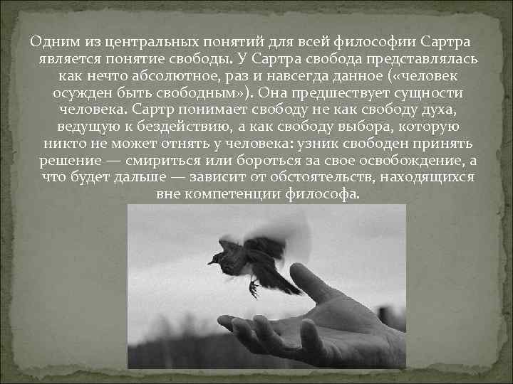 Одним из центральных понятий для всей философии Сартра является понятие свободы. У Сартра свобода