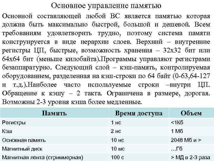 Основное управление памятью Основной составляющей любой ВС является памятью которая должна быть максимально быстрой,