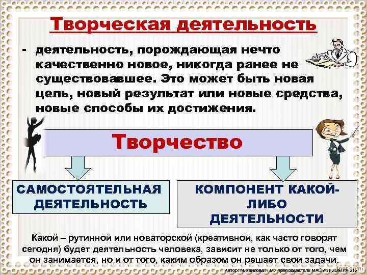 Творческая деятельность, порождающая нечто качественно новое, никогда ранее не существовавшее. Это может быть новая