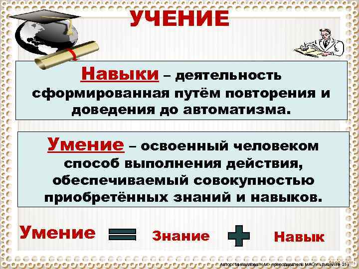 УЧЕНИЕ Навыки – деятельность сформированная путём повторения и доведения до автоматизма. Умение – освоенный
