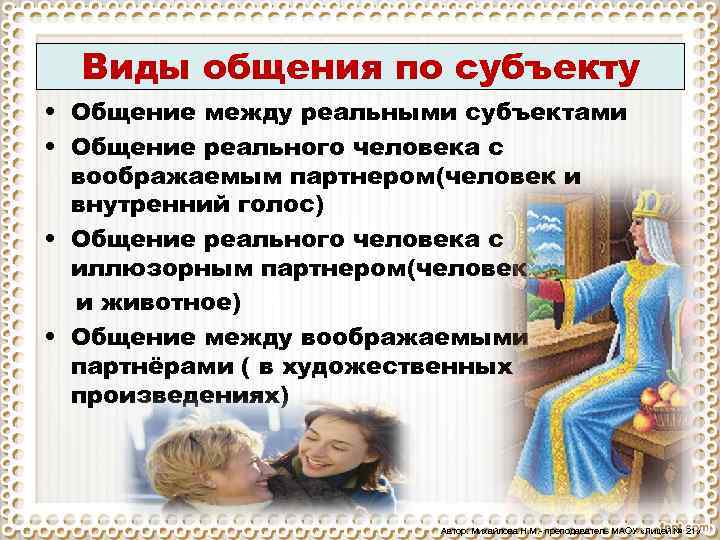 Виды общения по субъекту • Общение между реальными субъектами • Общение реального человека с