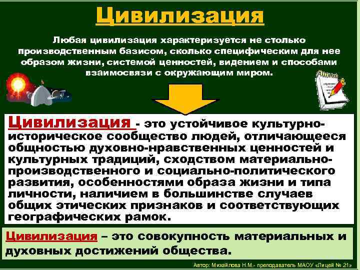 Цивилизация Любая цивилизация характеризуется не столько производственным базисом, сколько специфическим для нее образом жизни,