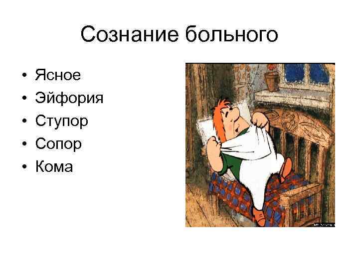 Сознание больного • • • Ясное Эйфория Ступор Сопор Кома 