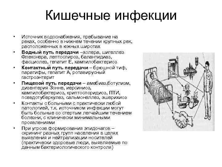 Кишечные инфекции • • • Источник водоснабжения, пребывание на реках, особенно в нижнем течении