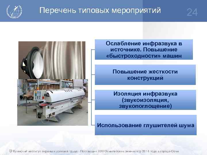 Перечень типовых мероприятий 24 Ослабление инфразвука в источнике. Повышение «быстроходности» машин Повышение жесткости конструкций