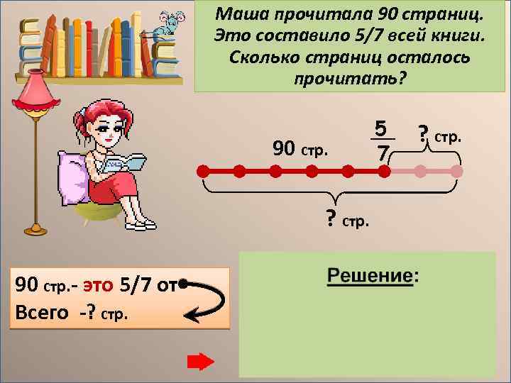 Маша прочитала 90 страниц. Это составило 5/7 всей книги. Сколько страниц осталось прочитать? 90