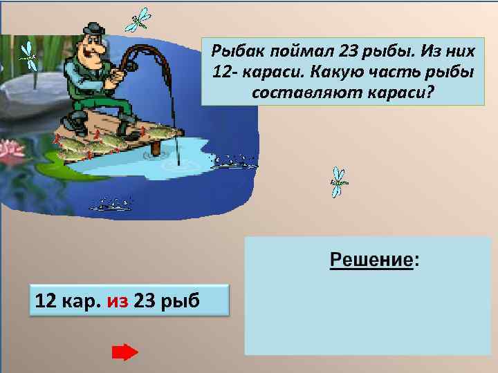 Рыбак поймал 23 рыбы. Из них 12 - караси. Какую часть рыбы составляют караси?
