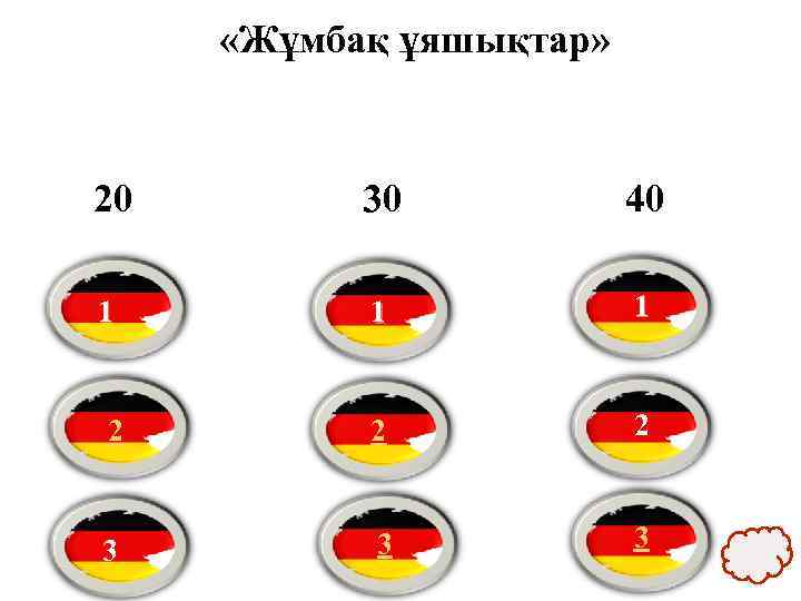 «Жұмбақ ұяшықтар» 20 30 40 1 1 1 2 2 2 3 3