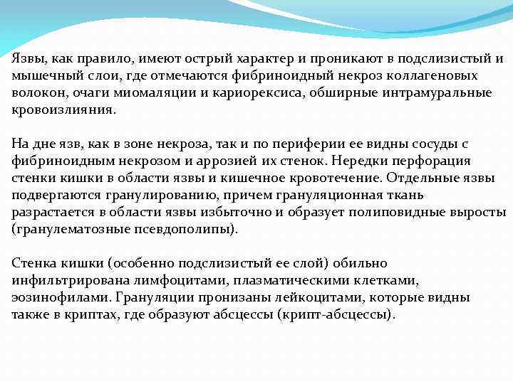 Язвы, как правило, имеют острый характер и проникают в подслизистый и мышечный слои, где